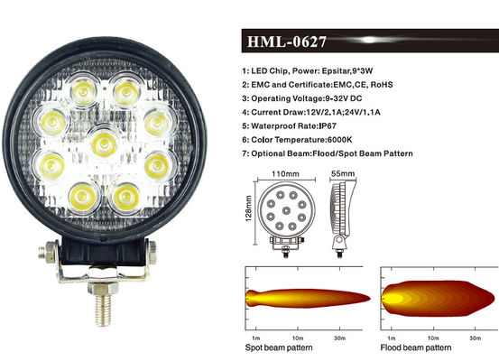 2160lm أضواء كاشفة LED للعمل دائرية 27W إضاءة صناعة التعدين على الطرق الوعرة